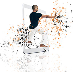 Image showing Fitness, frame and karate man on digital tablet in studio for training, health and creative sports on white background. Screen, box and male taekwondo trainer with online app for martial arts workout