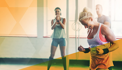 Image showing Fitness woman, gym and celebrate exercise, workout and training goals or win. Sports person happy about mockup overlay space for power challenge, energy or achievement at health and wellness club