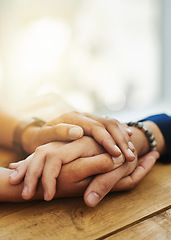 Image showing Holding hands, mockup and closeup with trust, solidarity and community on a home table. Therapy, care and gratitude of friends together with hope, respect and love for grief empathy and forgive