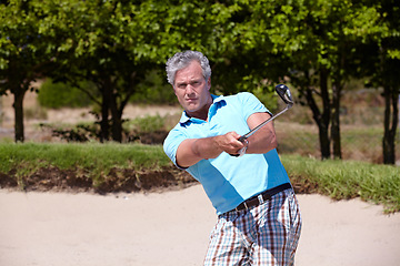 Image showing Sports, golf course and elderly man with driver swing outdoors for fitness, training and practice. Golfing, club and senior male golfer enjoying retirement with active, hobby and exercise outside