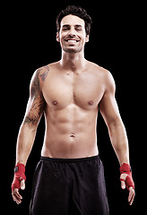 Image showing Boxer, body and portrait on black background in studio with professional training at the gym. Man, model and boxing champion train for fight at a competition during a workout for fitness and muscle.