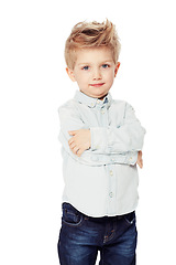 Image showing Happy, boy and arms crossed in portrait in studio with white background with shirt for youth. Young, kid and face with smile for happiness in stylish clothes for confident child with motivation.