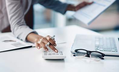 Image showing Calculator, hand and female accountant working on finance investment report in the office. Accounting, taxes and closeup of woman financial advisor doing calculation for asset management in workplace