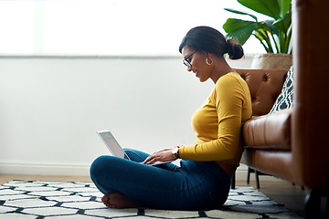 Image showing Floor, laptop and woman for work from home, studying and e learning or education on college website. Relax, carpet and young person or student on computer, internet connection elearning platform