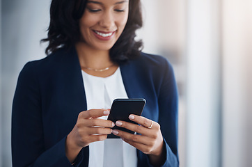 Image showing Entrepreneur, happy and woman with a cellphone, mobile app or typing with connection, social media or sms. Female person, lady or employee with a smartphone, communication or search internet for info