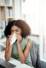 Image showing Allergies, blowing nose or sick woman in office or worker with hay fever sneezing or illness in workplace. Female sneeze or business person with toilet paper tissue, allergy virus or disease at desk