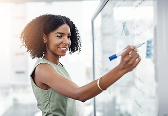 Image showing Business, glass wall and black woman writing, plan or strategy in office. Brainstorming, board and happy female person write idea, working on project and schedule, notes or information in workplace.