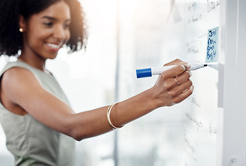 Image showing Business, glass wall and black woman writing, brainstorming or strategy in office. Planning, board and happy female person write, working on project and schedule, sticky note or info in workplace.