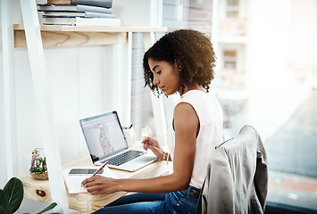 Image showing Writing, notebook and creative woman in office planning, work from home or brainstorming on computer in business startup. Young African person with technology, laptop and notes for design or reminder