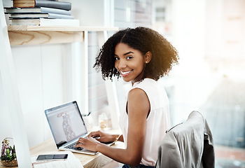 Image showing Typing, laptop and portrait of woman in office planning, online research and fashion blog for business startup. Clothes, creative and face of African person on technology, computer or website design