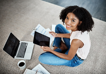 Image showing Tablet, laptop and documents of woman portrait on floor in work from home planning, screen and budget in startup business. Young person on digital tech, computer and happy paperwork, invoice or taxes