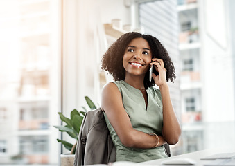 Image showing Phone call, thinking and happy woman in office for business communication, networking and feedback in workplace. Young african person listening, talking or speaking on mobile voip with career vision