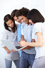 Image showing Laptop, team and business people streaming online, internet and web video on social media or working in collaboration. Teamwork, planning and employees brainstorming for startup company