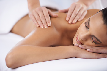 Image showing Relax, spa and woman with wellness, massage and luxury treatment with stress relief, smile and joy. Client, female person and lady with hands, employee and skincare with grooming, zen and self care