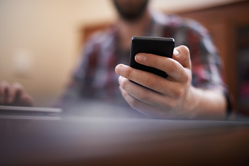 Image showing Closeup, phone and hand of man for communication, social media and contact. Text message, internet and technology with male person and typing on mobile for connection, online and digital app