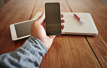 Image showing POV, hand and smartphone with screen, connection and network with communication, email and contact. Closeup, person or cellphone with mobile app, social media or typing with technology, website or pc