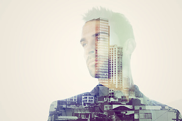 Image showing Business man, face and city with double exposure, thinking with professional mindset and mockup space. Urban overlay with cityscape, corporate male person with career, skyscraper and ambition