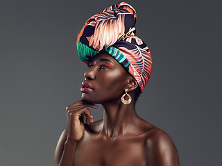 Image showing Beauty, makeup and profile of black woman with turban in studio with classy, elegant and traditional accessories. Culture, cosmetic and African female model with head wrap isolated by gray background