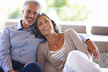 Image showing Portrait, smile and senior couple on a couch, love and relationship with joy, home and happiness. Face, mature man and old woman on a sofa, retirement and cheerful with marriage, bonding and loving