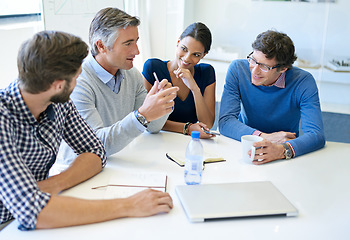 Image showing Planning, strategy and mentor with business people in meeting for idea, project management and teamwork. Review, collaboration and branding with employees in boardroom for brainstorming solution