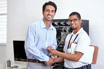 Image showing Portrait, handshake or payment with an engineer and business man in the server room for cyber security. Network, database and money with male employee paying a technician for service or maintenance