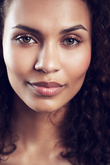 Image showing Smile, beautiful and portrait of a model woman with happiness, calm and smiling with a closeup. Happy, eyes and face of a young girl looking feminine, attractive and with facial makeup for confidence