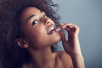 Image showing Portrait, beauty and black woman with skincare, smile and confident girl against a grey studio background. Face, female person and happy model with desire, cosmetics and wellness with healthy skin