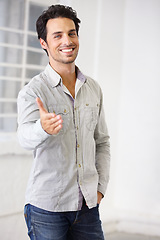 Image showing Portrait, young man and handshake or smile for greeting or welcome and happy for business contract. Partnership, deal and b2b agreement or on board with trust or new lease and crm for startup