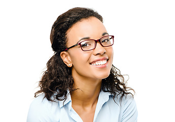 Image showing Black woman, portrait or fashion glasses on isolated white background for future ideas, success mindset or smart target goals. Smile, happy or business worker and vision eyes care on mock up backdrop