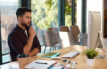 Image showing Man, computer and designer thinking of idea with a drawing pen at desk while online for creative editor work. Male entrepreneur person with internet connection and pad for graphic design project