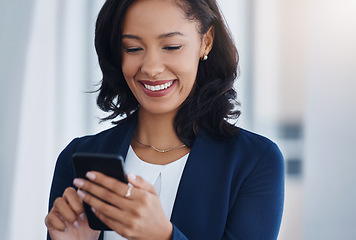 Image showing Happy, employee or woman with a cellphone, mobile app or connection with social media, chatting or check emails. Female person, consultant or entrepreneur with smartphone or search website for info