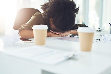 Image showing Stress, sleeping and tired business woman in office with fatigue, overworked and exhausted from working. Burnout, nap and African female worker overwhelmed for deadline, workload and pressure at desk