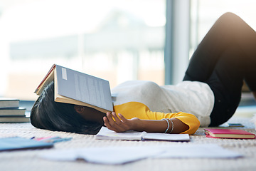 Image showing Books, tired student and woman sleeping after studying for college, university research or academy school project. Education study, knowledge and female person relax, fatigue and sleep on home floor