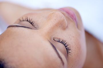 Image showing Skincare, face and woman with eyelash extension in spa or salon. Facial treatment or cosmetics, marketing or advertisement for beauty products and dermatology or cosmetology with person