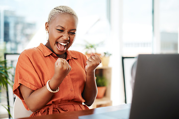 Image showing Business, fist and black woman with success, celebration and achievement in a workplace. Female employee, person and entrepreneur with happiness, startup and cheering with good news, email and goals