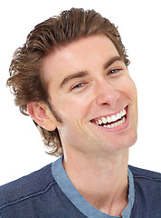 Image showing Confidence, portrait and male model in a studio with a positive, confident and good mindset. Funny, smile and headshot face of a handsome, young and casual man laughing isolated by a white background