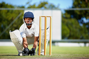 Image showing Cricket, sports and a man as wicket keeper on a pitch for training, game or competition. Male athlete behind stumps with gear for action, playing professional sport and exercise for fitness or mockup