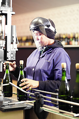 Image showing Alcohol, bottle wine and woman working in a distillery or industrial factory. Equipment, glass bottles and female worker with ppe work on red champagne beverage production machine in warehouse