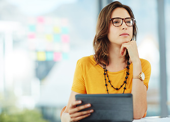 Image showing Business woman thinking with tablet in office, ideas and inspiration for project with focus at digital marketing agency. Creative female designer, think about content for website and tech with mockup