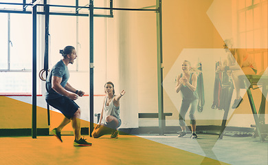 Image showing Overlay, fitness and man with group for training, gym workout and sports motivation. Happy, exercise and male coach excited with people at a club for sport, cardio and lifestyle class together