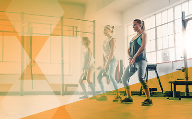 Image showing Fitness, women or group with a kettlebell at gym for exercise, workout and training. Athlete people or team together for strong muscle, weight or power challenge at wellness club with mockup overlay