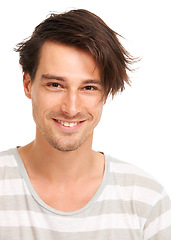 Image showing Happy, smile and portrait of man in studio for casual, trendy and cool fashion. Happiness, edgy and confidant with face of male model isolated on white background for geek, youth and positive style