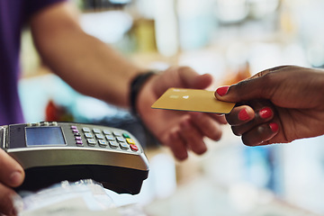 Image showing Closeup, hands and payment with machine, credit card and transaction in a store, shopping and buying. Female customer, shopper or buyer with retail, sale and banking with service, profit and discount