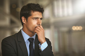 Image showing Business, thinking and man with stress, ideas and thoughts with deadline, schedule and wonder. Male person, employee or entrepreneur with opportunity, depression and anxiety with burnout and decision