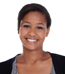 Image showing Portrait, smile and black woman with beauty, cheerful and confident lady isolated against white studio background. Face, happy female person and model with happiness, confidence and cheerful with joy