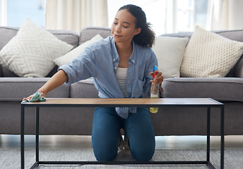 Image showing Woman, cloth and cleaning home or table with detergent for dust, bacteria or dirt in living room. Happy female person or cleaner with spray bottle or product to clean wood furniture for housekeeping