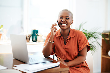 Image showing Phone call, communication and happy black woman with laptop for contact, connection and networking. Corporate office, business and female worker on smartphone for conversation, discussion and chat