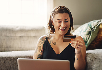 Image showing Credit card, happy woman and home, computer and online shopping, ecommerce or fintech application, loan or finance. Person on laptop, website payment or internet banking with security pin or numbers