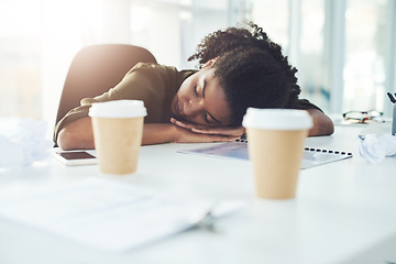 Image showing Tired, sleeping and business woman on desk with fatigue, stress and exhausted working in office. Burnout, overworked and lazy African female worker overwhelmed for deadline, workload and pressure