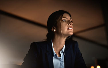 Image showing Thinking, night work and woman in office problem solving, reading email or report at legal agency. Corporate overtime, ideas and internet research, female lawyer working late on proposal at law firm.